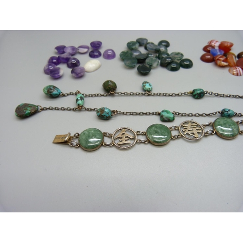 948 - A collection of unmounted agate stones, a jadeite bracelet and a turquoise necklace