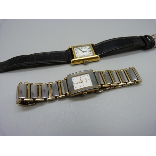 949 - A lady's Rado wristwatch with bi-colour titanium bracelet strap and a lady's Raymond Weil wristwatch