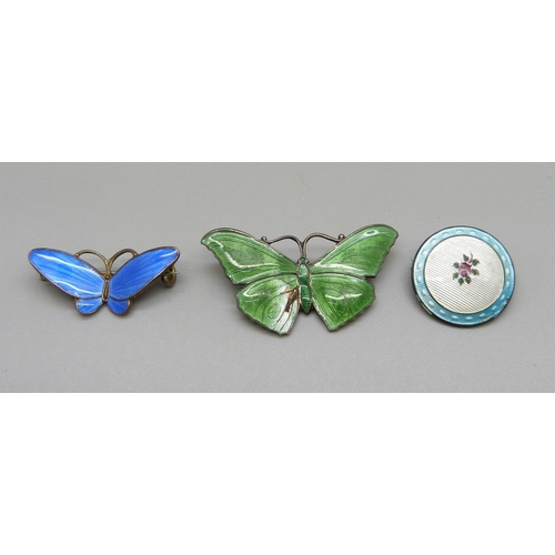 950 - Three silver and enamel brooches, blue butterfly marked Norway, green butterfly Birmingham 1918 and ... 