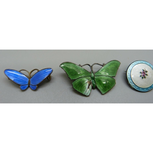 950 - Three silver and enamel brooches, blue butterfly marked Norway, green butterfly Birmingham 1918 and ... 