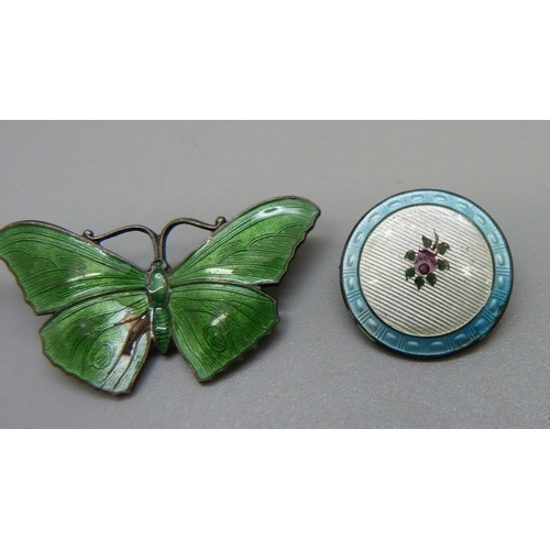 950 - Three silver and enamel brooches, blue butterfly marked Norway, green butterfly Birmingham 1918 and ... 