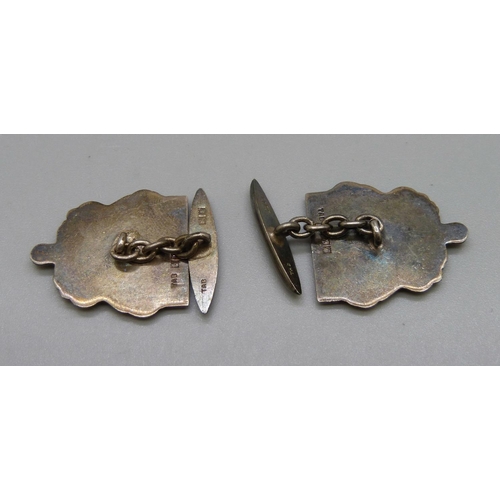 959 - A pair of Belvoir Castle silver and enamel cufflinks with Duke of Rutland crest