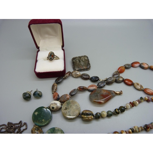 970 - Stone set jewellery including a pair of Scottish drop earrings and two necklaces, and a hallmarked S... 