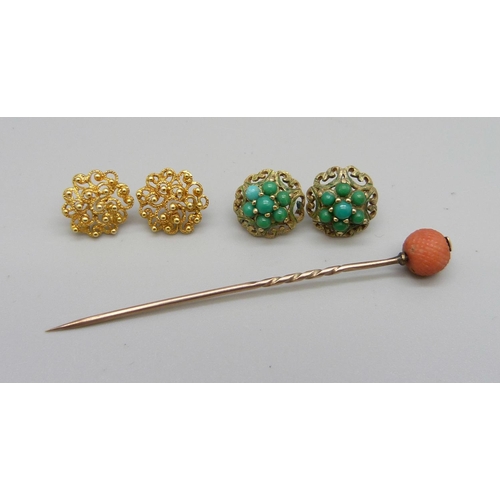 975 - A pair of 9ct gold earrings, 2.4g, silver gilt and turquoise earrings and a yellow metal and coral s... 