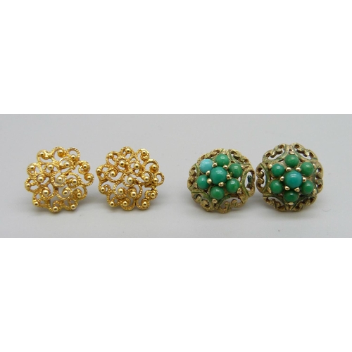 975 - A pair of 9ct gold earrings, 2.4g, silver gilt and turquoise earrings and a yellow metal and coral s... 