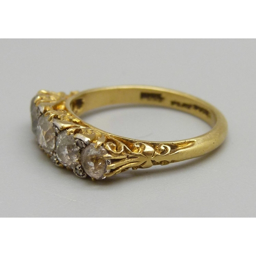 986 - An 18ct gold and platinum five stone diamond ring, 3.6g, M