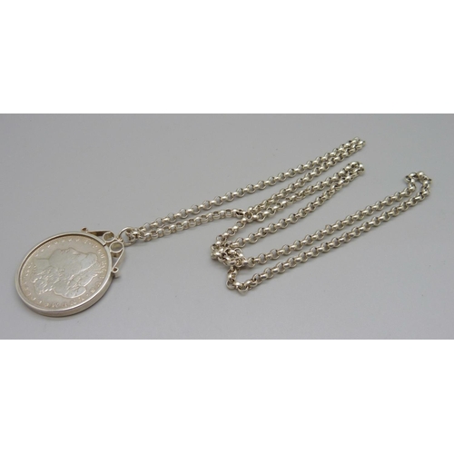 988 - A silver chain with mounted 1889 US silver dollar, New Orleans mint, total weight 58g, chain 75cm