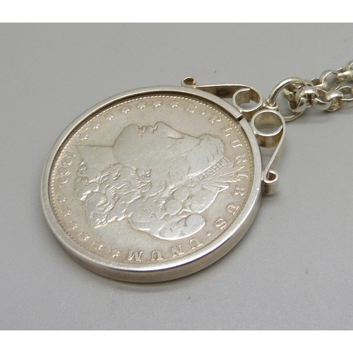 988 - A silver chain with mounted 1889 US silver dollar, New Orleans mint, total weight 58g, chain 75cm