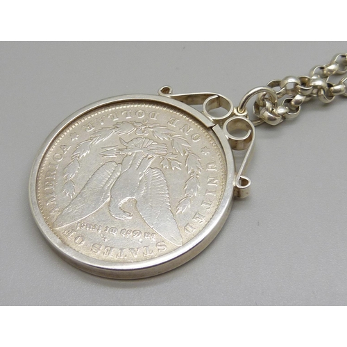 988 - A silver chain with mounted 1889 US silver dollar, New Orleans mint, total weight 58g, chain 75cm