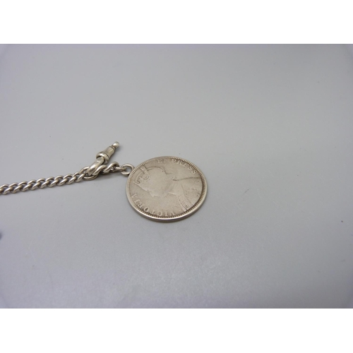 989 - A silver double Albert watch chain with Victorian coin fob, 33g, one clip requires repair/re-attachi... 