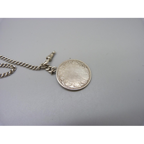 989 - A silver double Albert watch chain with Victorian coin fob, 33g, one clip requires repair/re-attachi... 