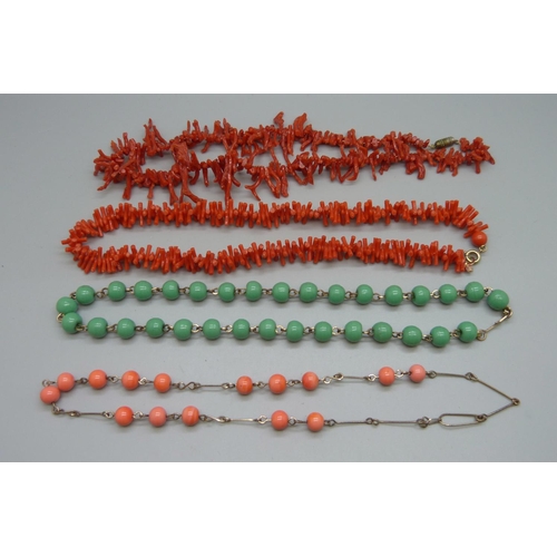 994 - Two vintage bead necklets and two strings of coral