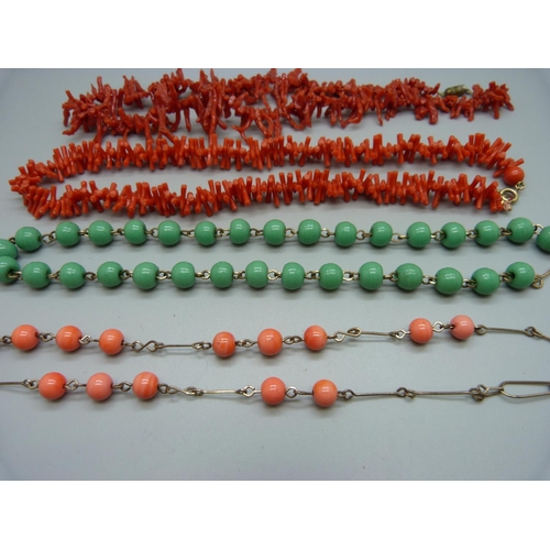 994 - Two vintage bead necklets and two strings of coral