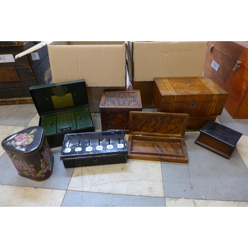 364 - Assorted wooden boxes and tin boxes, cash tin, etc.