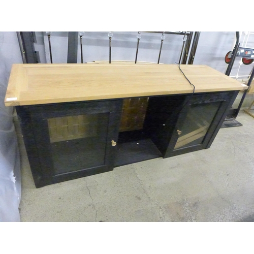 1549 - A black painted and oak glass fronted dresser top