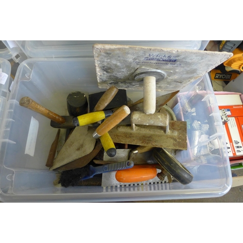 2001 - 3 Tubs of mixed joinery, painting and brickworking tools and consumables (tubs not included)