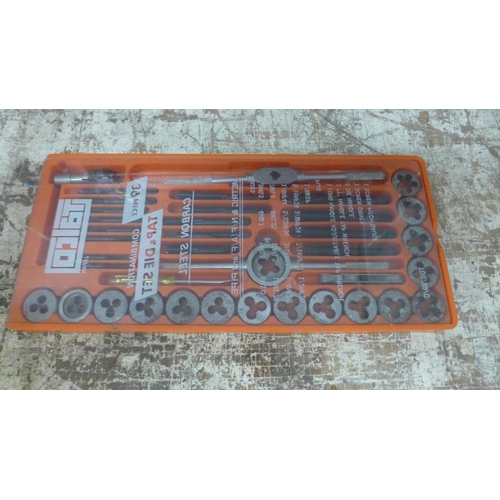 2127 - Talco tap and die set complete plus Clarke toolbox and engineering tools, Verniers, micrometer, file... 