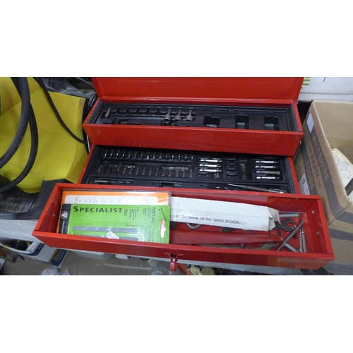 2132 - Red metal cantilever toolbox and box of grinding and wire brush tool heads