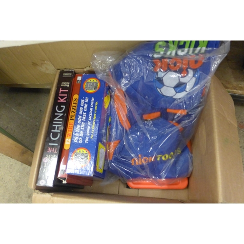 2155 - Job lot of toys and games includes Jump Blade shoes, board games, boxed gloves, etc.