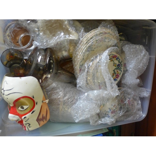 2166 - Approx. 100 pcs of mixed crockery and glassware, tub of vintage postcards, stamps, cigarette cards a... 