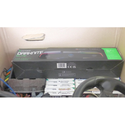 2179 - Gaming job lot: Nintendon Wii, 2 Ferrari PS2 wheels, games and nunchucks, etc., gaming soundbar BT a... 