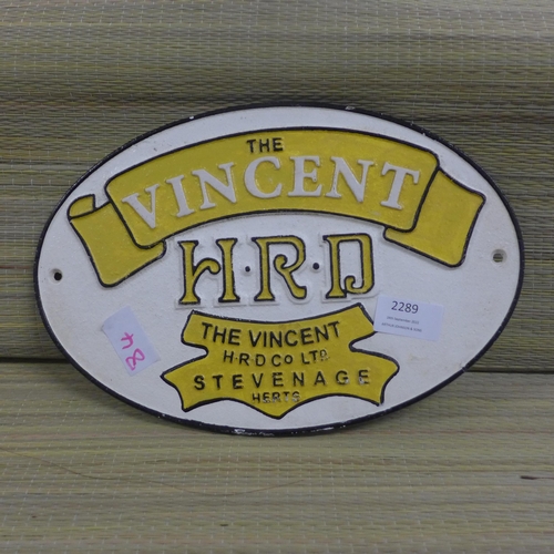 2289 - Vincent motorcycle plaque * this lot is subject to VAT