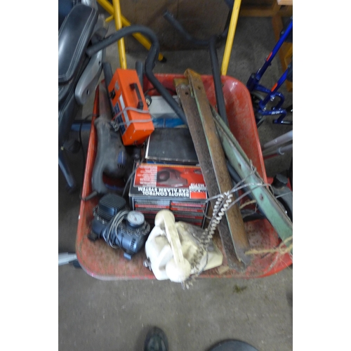 2461 - Builder's wheelbarrow, block & tackle, 4 x 1m hinges, electric saw, etc.