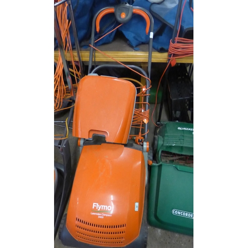 2468 - Flymo Venturer Turbo 350 roller rotary lawn mower and Flymo compact electric lawn rake/scarifier