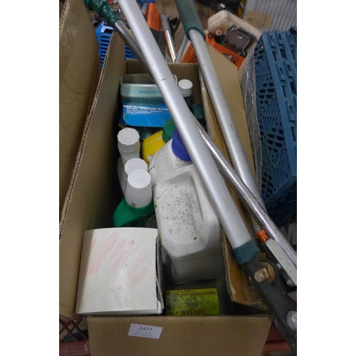 2477 - Job lot, approx 25 items, gardening tools, loppers, weed burner, etc. plus lawnfood, Weedol, various... 