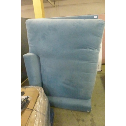 1486 - A sky blue velvet large L shaped sofa - damaged leg