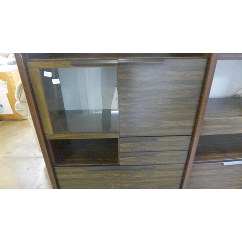 1559 - Two piece walnut effect wall unit