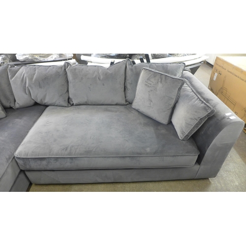 1464 - A grey velvet L shaped sofa and footstool