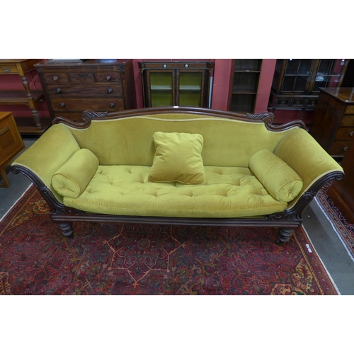 125 - A Regency rosewood and yellow fabric upholstered scroll arm settee