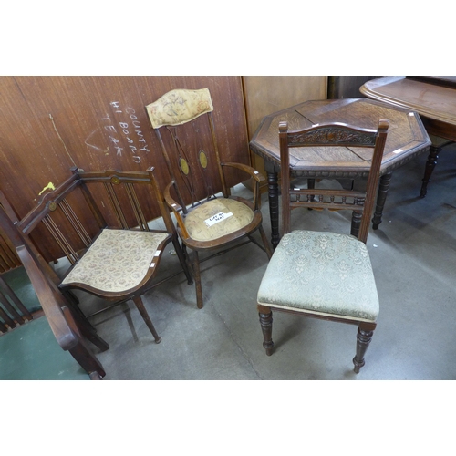 167 - Two Arts and Crafts inlaid mahogany chairs and one other