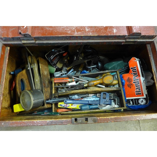 258 - A Victorian stained pine tool chest with various tools