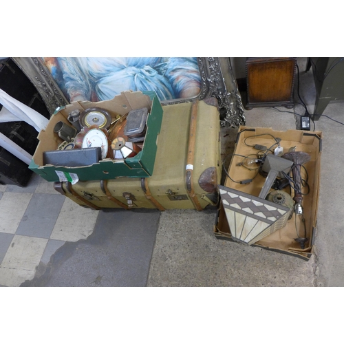 281 - Two boxes of kitchenalia including brassware, table lamps, etc.