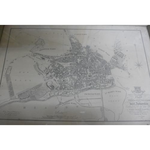 302 - An 1844 plan of Nottingham, framed