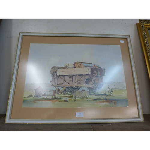 311 - B.G. Wells, farming landscape, watercolour, framed and a gilt framed mirror