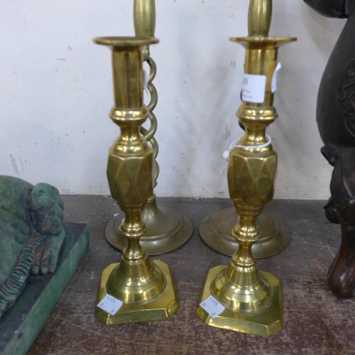 339 - Three pairs of brass candlesticks