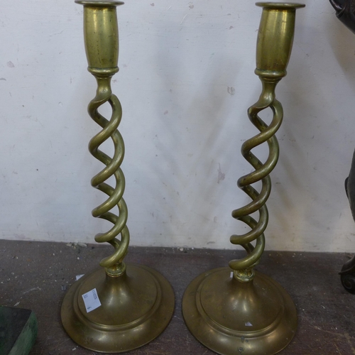 339 - Three pairs of brass candlesticks