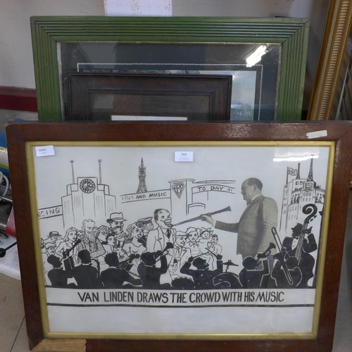 366 - Original framed artwork, 'Van Linden Draws the Crowds with his Music' and four prints, framed