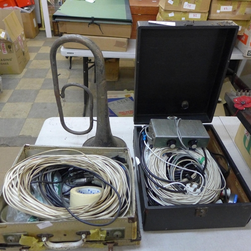 391 - Two autoharps, two cases of audio cables with a soldering iron, and a collection of instrument cases