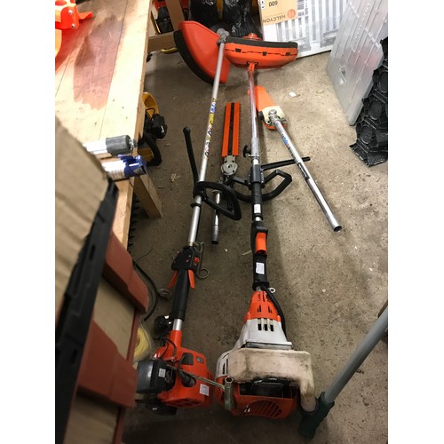 2478 - Petrol driven multi tool with strimmer, hedgecutter and chainsaw attachments plus extender poles