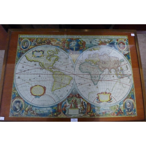 166 - A world map topped mahogany coffee table