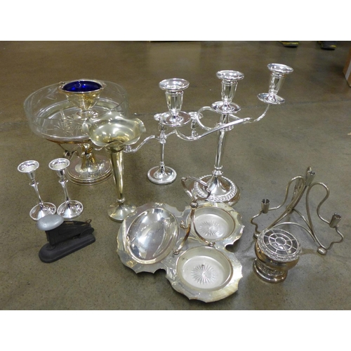 1107 - A box of mixed silver plate including two candelabra **PLEASE NOTE THIS LOT IS NOT ELIGIBLE FOR POST... 