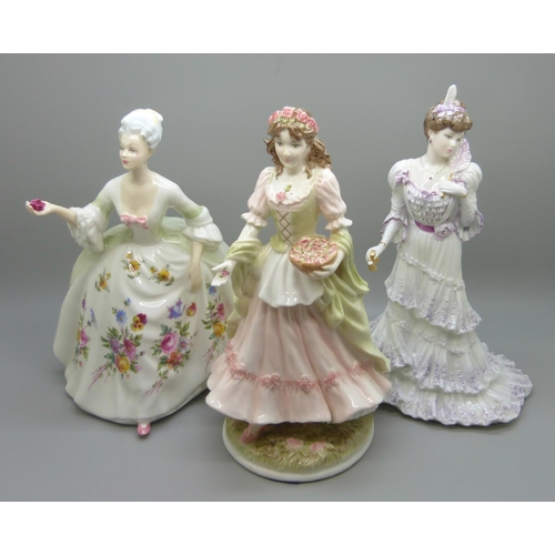 603 - Three figures; Coalport Eugenie, Royal Worcester The Queen of the May and Royal Doulton Diana