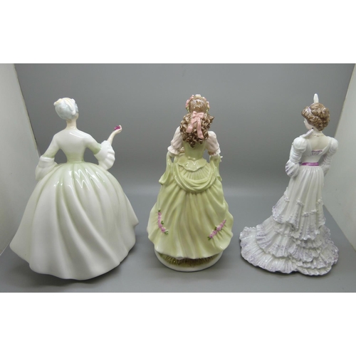 603 - Three figures; Coalport Eugenie, Royal Worcester The Queen of the May and Royal Doulton Diana