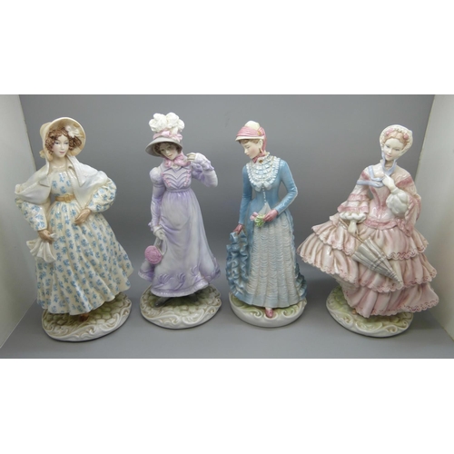 604 - Four Royal Worcester figures, Walking Out Dresses of the 19th Century