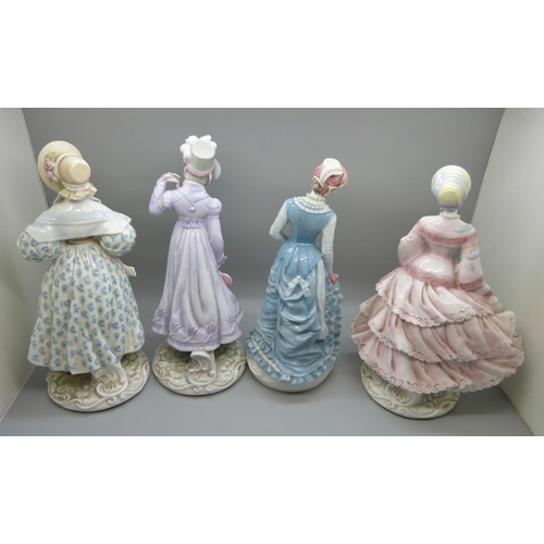 604 - Four Royal Worcester figures, Walking Out Dresses of the 19th Century