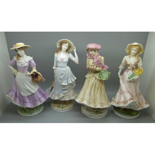 605 - Four Royal Worcester figures, Seasons, Autumn a/f, chip on hat